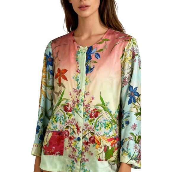 Johnny Was Silk Mizumi Floral Print Reversible Button up Top Multicolor XS - Picture 1 of 10